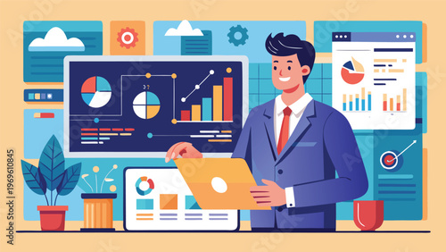 Professional businessperson works with data charts and graphs in a modern office setting during daytime for analysis and reporting