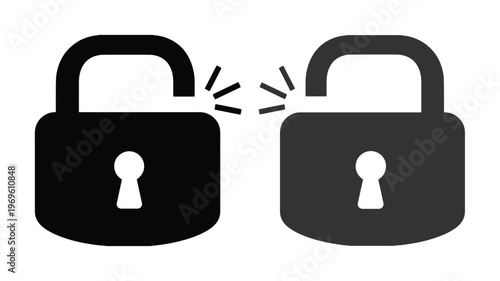 Black and white padlock icons, secure digital lock symbols, cybersecurity and data protection vector graphics, access control and privacy illustrations for web and app design
