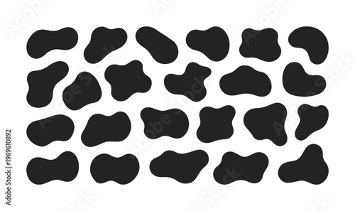 Abstract organic blob shapes, a collection of fluid black ink splatters, modern irregular graphic design elements, vector set for creative backgrounds and branding.