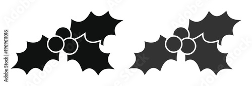 Minimalist Holly Berries Vector Icon Set, two black silhouette Christmas holly leaf and berry designs, festive winter holiday graphic elements for seasonal branding and decoration