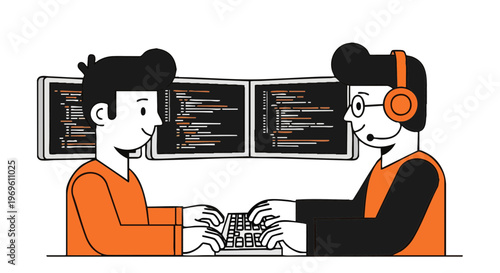 Software developers working on code at workstation with headset