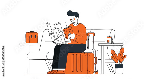 Man Sitting on Suitcase Reading Map and Book While Waiting for Flight