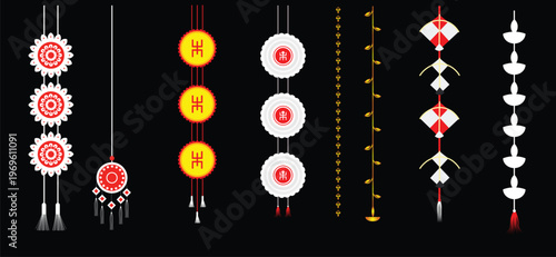 Traditional hanging festival decorations set with colorful ornaments and cultural festive elements vector illustration