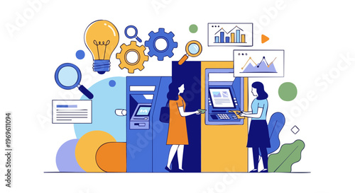 Automated Banking Transactions and Financial Technology Illustration