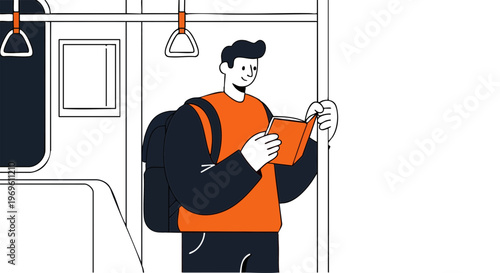 Man reading a book while commuting on public transport vector