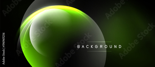 Abstract green glow. Circular shapes overlap creating dynamic visual effect. Dark background enhances luminosity. Modern design element.