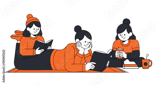 Three Young Women Reading Books and Drinking Coffee on a Cozy Rug