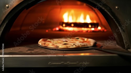 Freshly baked pizza slides into a blazing wood-fired oven for perfect crispness.