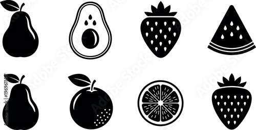 Fruit solid icons set with pear avocado strawberry watermelon orange and citrus symbols for healthy food design and grocery applications