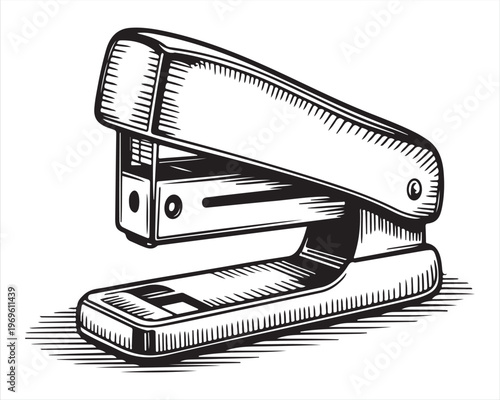 Hand Drawn Stapler Illustration in Vintage Engraving Style, Black and White Line Art Office Tool for Paper Binding, Workplace Stationery Equipment Concept Isolated on White Background