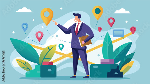 Businessman points at map markers on turquoise background while holding a folder and surrounded by plants and graphical elements related to location