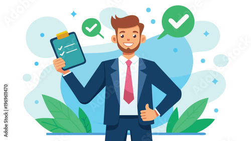 Business professional holds clipboard with checkmarks and smiles in a modern office setting during daytime