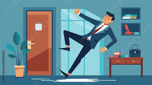 Businessman slips on a wet floor in an office while trying to maintain balance and avoid falling over