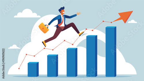 Business person jumps over bar chart while holding briefcase in a creative digital illustration showing growth and success