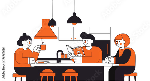 Friends relaxing at a kitchen island drinking coffee and reading