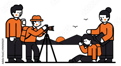 People Taking Landscape Photos During Sunset Vector Illustration