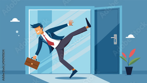 Man in business suit exits office with briefcase and energetic pose at midday