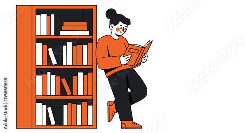 Young Woman Reading a Book Leaning on a Bookshelf Illustration