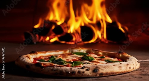 Delicious margherita pizza with fresh basil baked in a hot wood-fired oven
