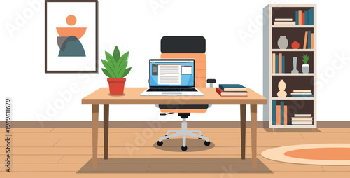 Modern home office workspace vector illustration with laptop on desk, minimal interior setup design for remote work, productivity and study environment
