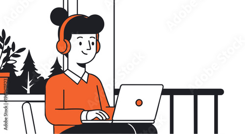 Woman working remotely on balcony with laptop and headphones vector