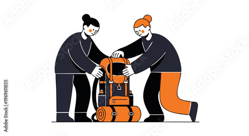 Two people packing a hiking backpack for an outdoor adventure