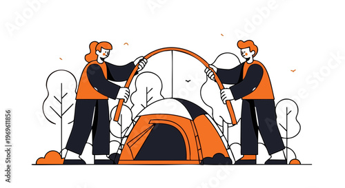 Couple Setting Up a Tent at a Forest Campsite Illustration