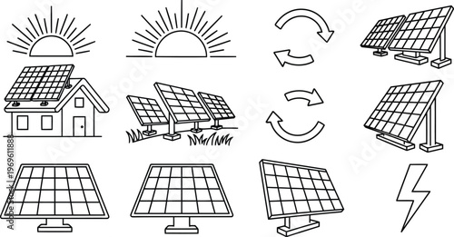 Vector illustration of set of solar energy icons, solar panels, sun, and renewable energy symbols