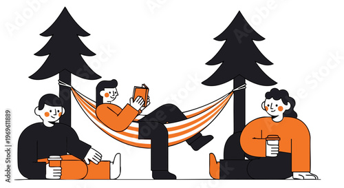 Friends relaxing outdoors with a hammock and coffee in the park