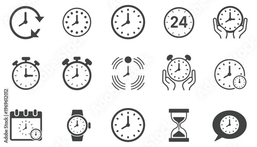 Time and Clock Icons Set, Timer, Alarm and Smartwatch Symbols Collection, Classic Vector Illustration for Time Management, Schedule, Reminder, Countdown and Digital Interface Design