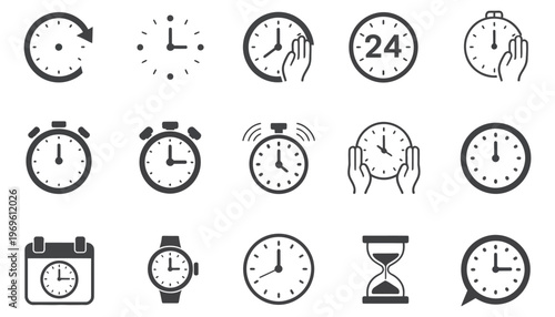 Time and Clock Icons Set, Timer, Alarm and Smartwatch Symbols Collection, Classic Vector Illustration for Time Management, Schedule, Reminder, Countdown and Digital Interface Design