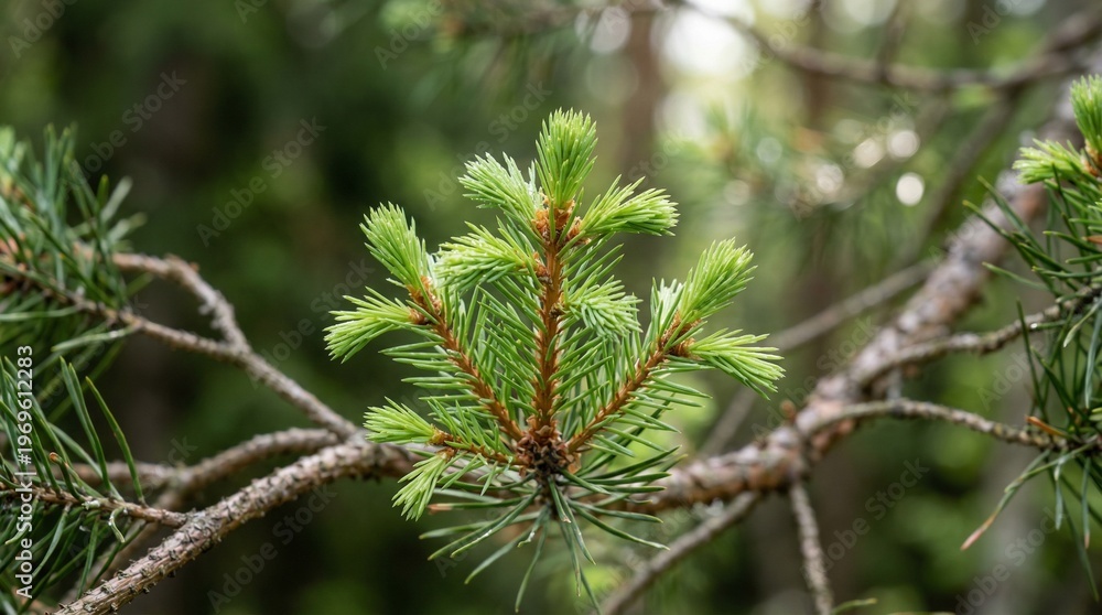 Fototapeta premium Close-up of a vibrant green pine tree branch with new growth, soft bokeh background
