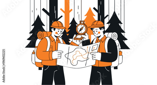 Wilderness Navigation with Map and Compass Hiking Illustration