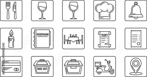 Restaurant service icons vector illustration with menu reservation delivery and dining symbols, minimal line collection for cafe, app and web interface design