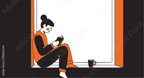 Woman reading a book on a windowsill with a coffee mug
