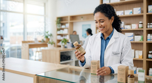Smiling female pharmacist holding bottle of plant based medicine in modern pharmacy interior, natural healthcare and wellness concept.