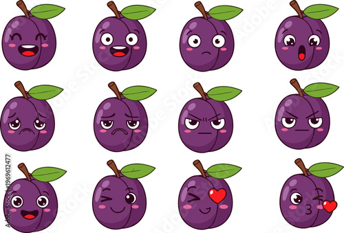 Cute plum emoji character set, kawaii fruit expressions collection with happy sad angry faces, cartoon vector illustration for stickers
