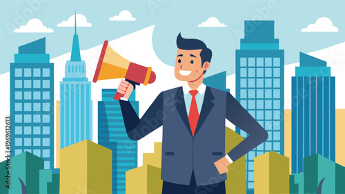 Businessman speaking with a megaphone in a city setting during daytime