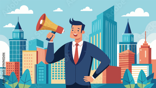 Businessman speaks with a megaphone in a city skyline setting during daytime to promote his message