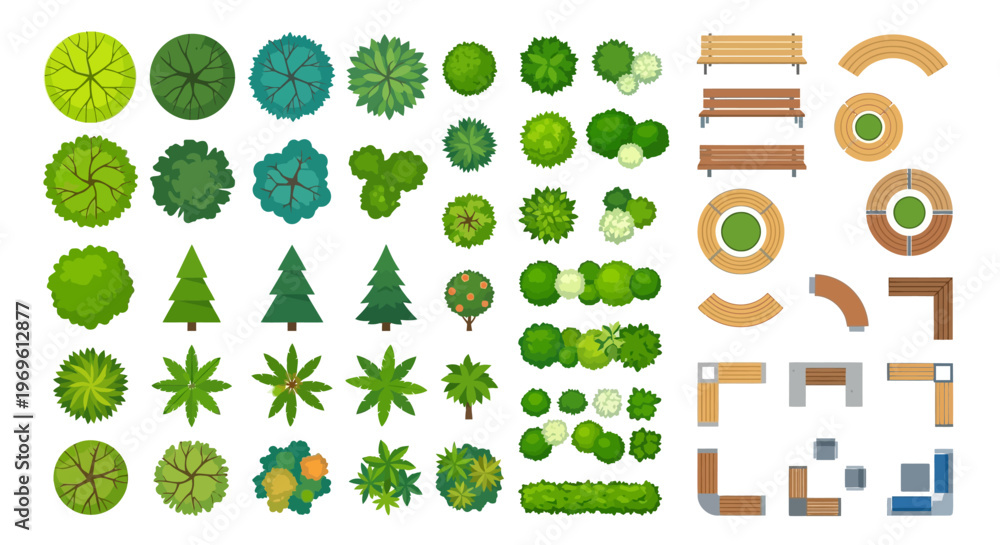 Fototapeta premium Collection of colorful top down views of trees bushes and park elements