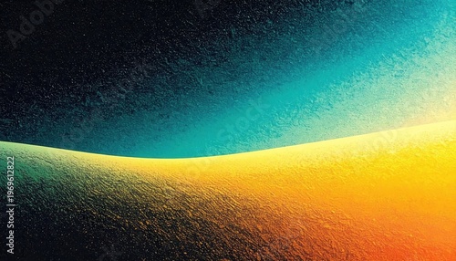 어두운 청록색의 신비로운 하늘과 밝은 노란색 및 주황색의 곡선이 조화를 이루는 추상적인 풍경 배경으로 거친 모래 같은 질감과 강렬한 색상 대비가 돋보이는 미니멀한 예술적 그래픽 디자인입니다.