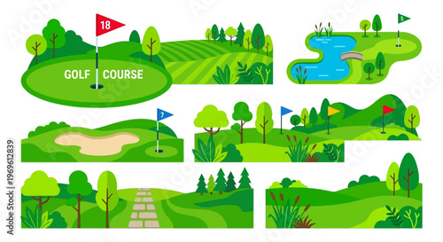 Colorful illustration depicts various elements of a scenic golf course layout