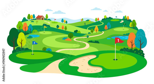 A vibrant illustration depicts a scenic golf course with rolling green hills