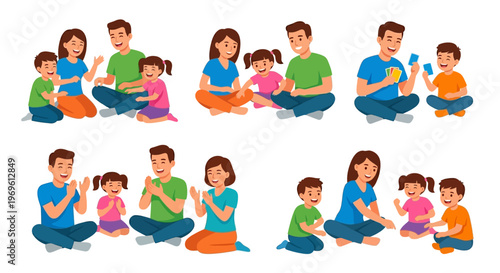 Diverse families and children happily interacting in a cheerful illustration