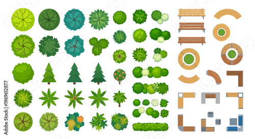Collection of colorful top down views of trees bushes and park elements