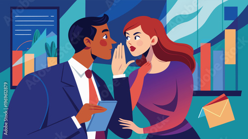 Two people talking quietly in an office setting during a workday while surrounded by books and plants