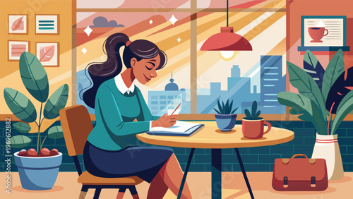 Woman writes in a notebook while sitting at a table in a cafe with plants and a city view during afternoon