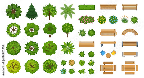 Aerial view of various trees shrubs benches and park elements