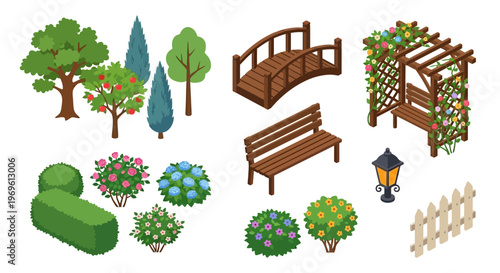 Isometric garden elements including bridge bench and various plants