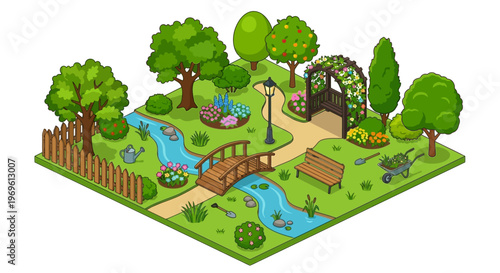 Isometric garden scene with a winding stream bridge and floral archway